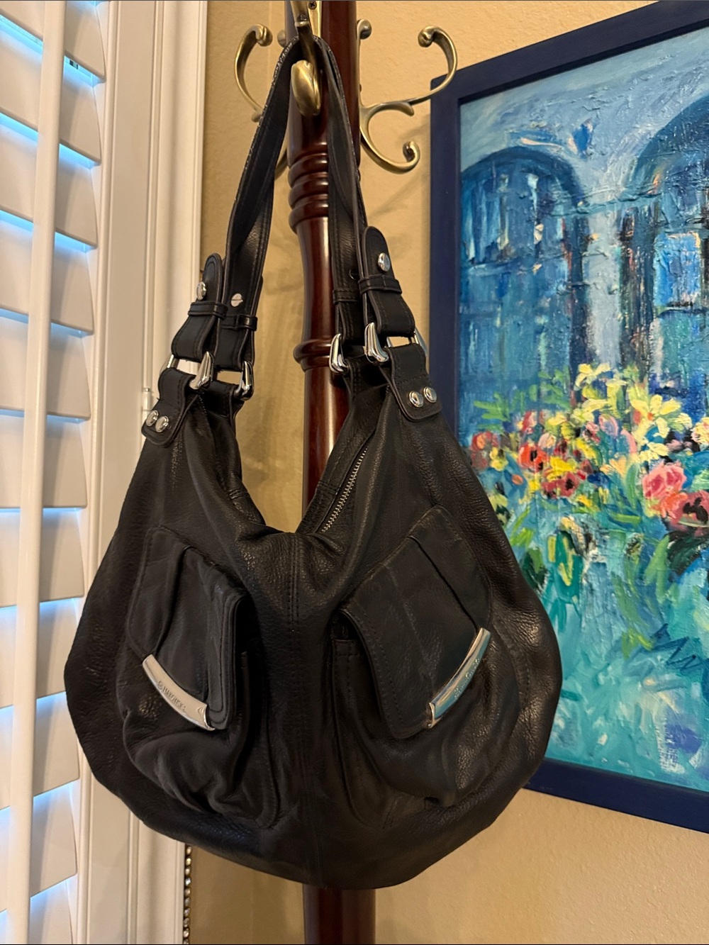 B.Makowsky Classic Black Leather Shoulder Bag with Front Pockets